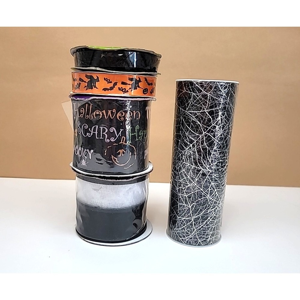 Lot of 5 Halloween Ribbon-5ft Tulle-(2) 9ft Wire Edge-9ft Satin-9ft Sequin Trim